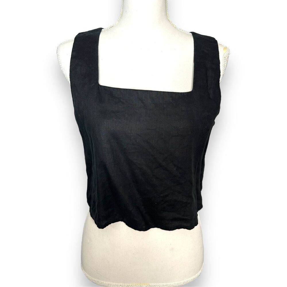 Tahari Linen Square Neck Crop Blouse M NWOT